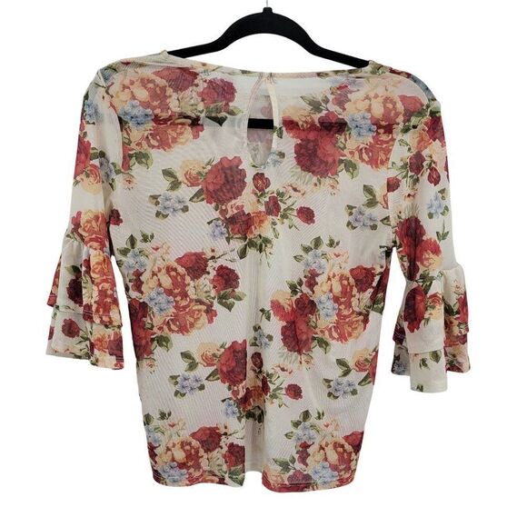 Y2K Blouse XS Cream Blossom Flower Sheer Mesh Tiered Ruffle Sleeve Cottage Core - Picture 6 of 11